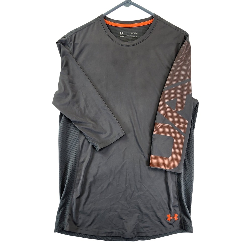 Under Armour Mens Medium Gray Orange HeatGear 3/4 Sleeve Athletic Training Shirt